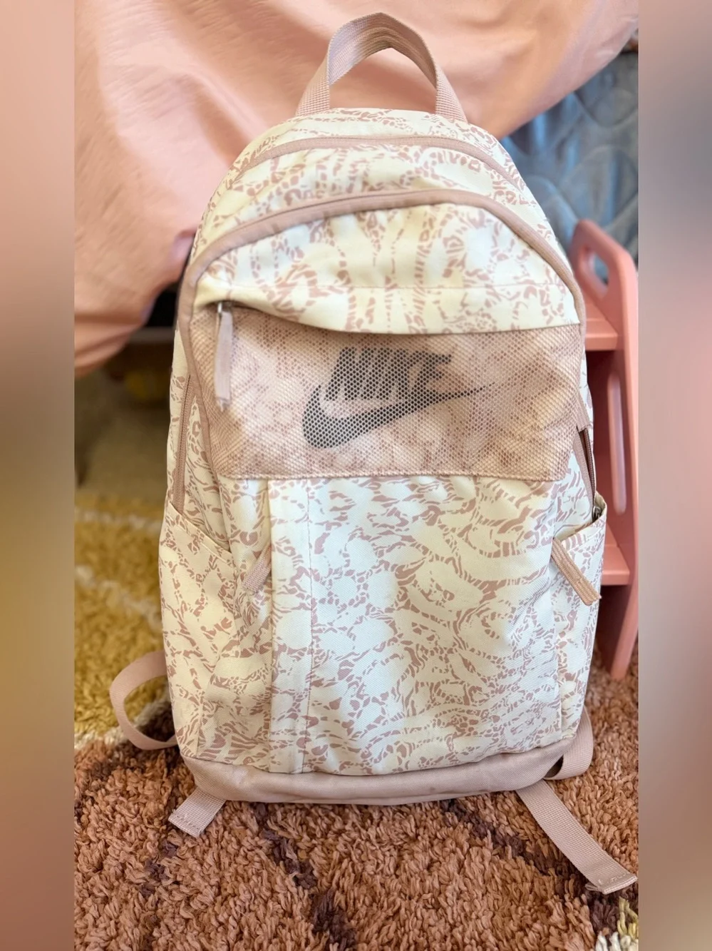 Nike Backpack Cream Pink Abstract Print Mesh Pocket Bookbag School Travel Gym